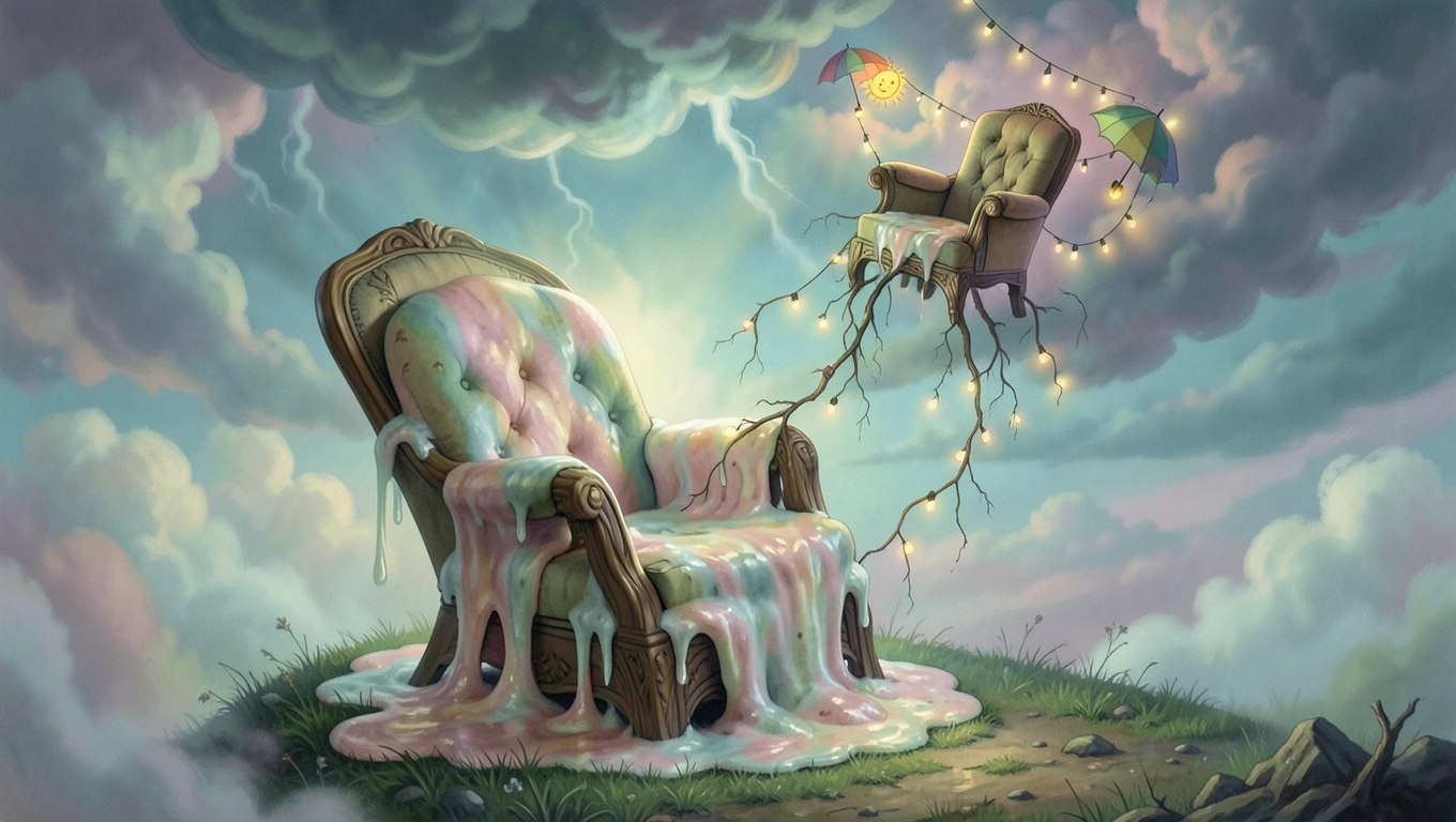 Surreal armchair floats above melting ground, tethered by upward-drifting string lights