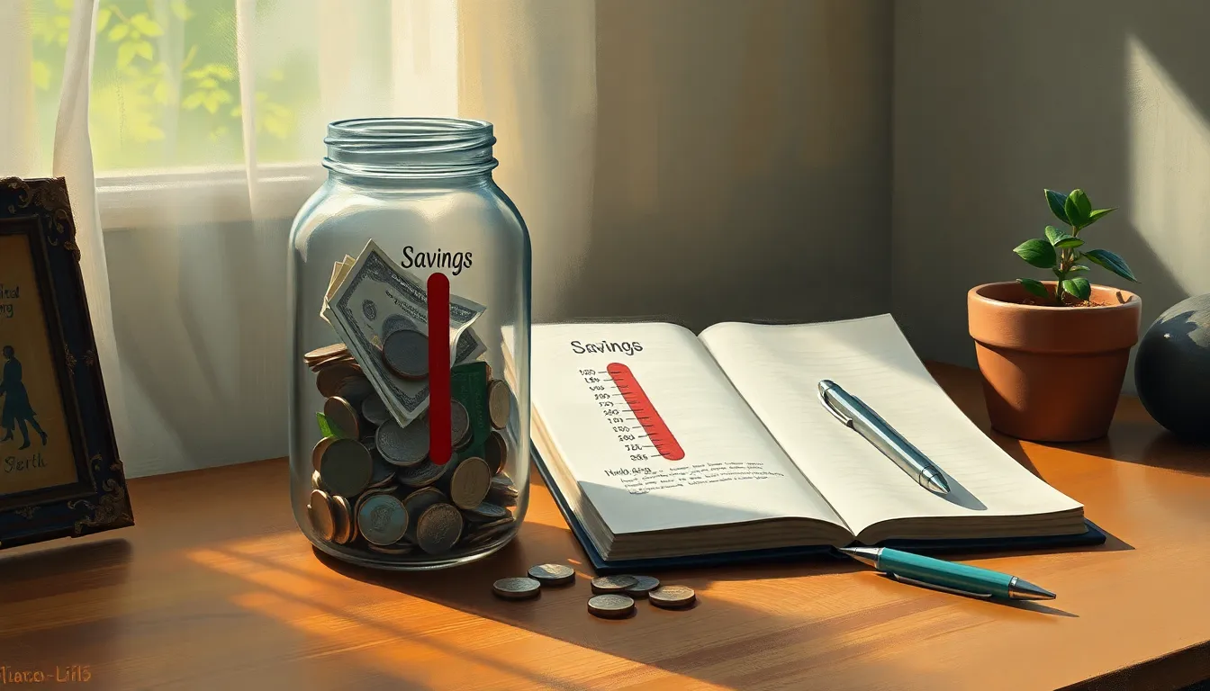Glass savings jar and notebook with a hand-drawn progress chart on a desk