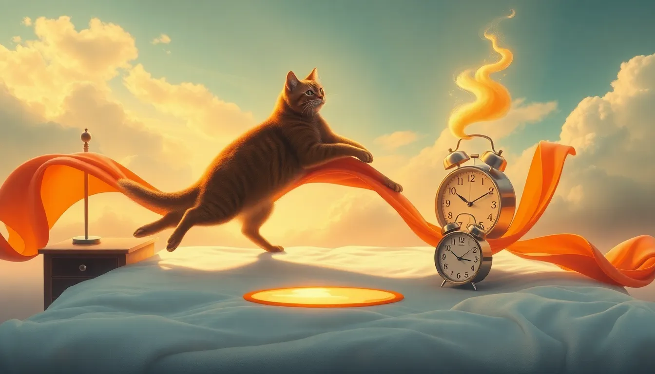 Surreal giant cat stretching into a ribbon of dawn light above a melting alarm clock