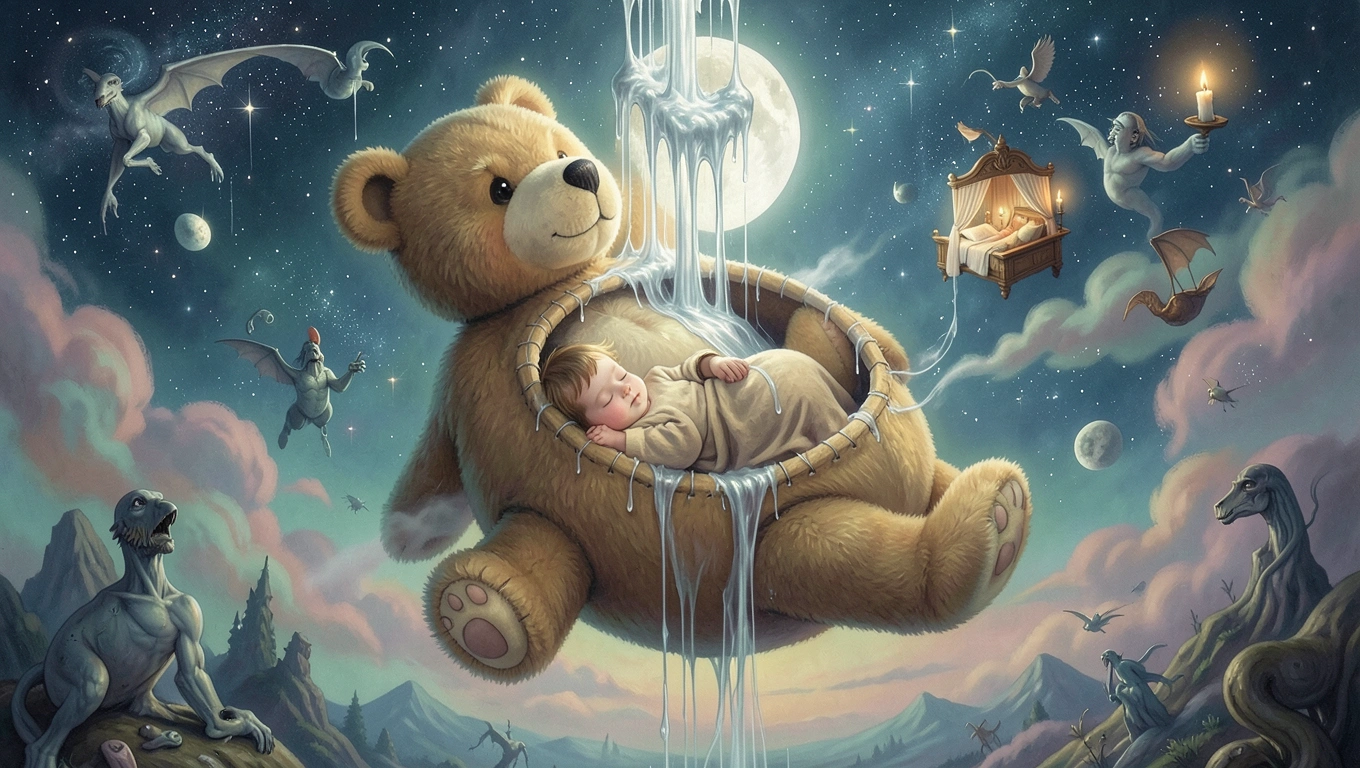 Toddler asleep inside a giant floating teddy bear whose silver threads flow upward to the moon